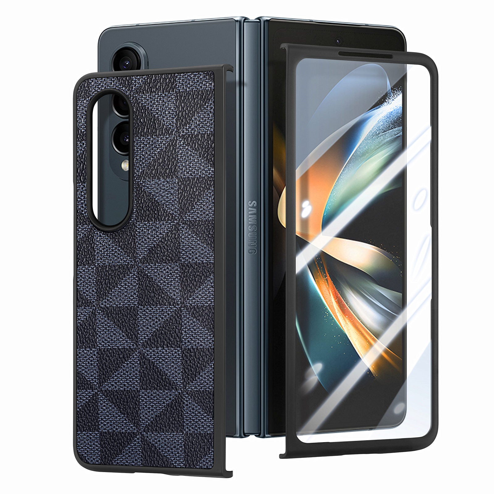 For Samsung Galaxy Z Fold4 5G PU PC Phone Case Triangle Splicing Pattern Cover with Tempered Glass Film For Samsung Galaxy Z Fold4 5G PU PC Phone Case Triangle Splicing Pattern Cover with Tempered Glass Film